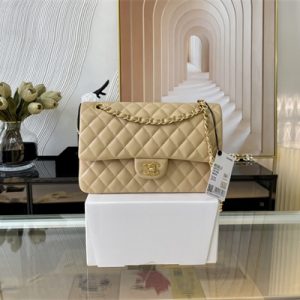 Cha.nel Medium Classic Flap Bag Lambskin Gold Tone Metal Beige 01112