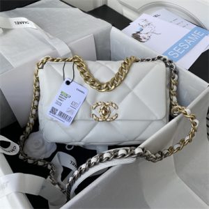 Cha.nel 19 Handbag Lambskin Gold Double C Metal White AS1160