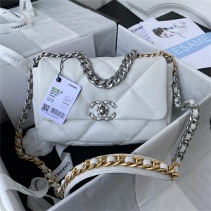 Cha.nel 19 Handbag Lambskin Silver Double C Metal White AS1160
