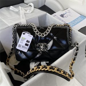 Cha.nel 19 Handbag Shiny Aged Calfskin Silver Double C Metal Black AS1160