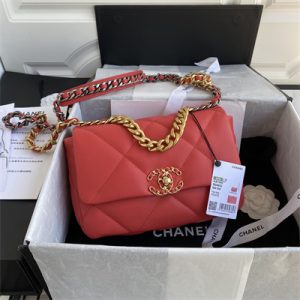 Cha.nel 19 Handbag Lambskin Gold Double C Metal Red AS1160