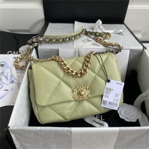 Cha.nel 19 Handbag Lambskin Gold Double C Metal Lt Green AS1160