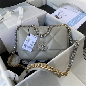 Cha.nel 19 Handbag Lambskin Silver Double C Metal Grey AS1160