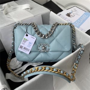 Cha.nel 19 Handbag Lambskin Silver Double C Metal Blue AS1160
