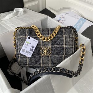 Chanel 19 Handbag Wool Tweed Gold Double C Metal Navy/Beige AS1160
