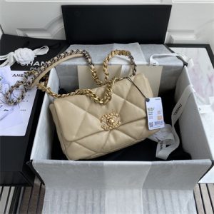 Chanel 19 Handbag Lambskin Gold Double C Metal Beige AS1160