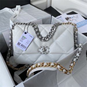 Cha.nel 19 Large Handbag Lambskin Silver Double C Metal White AS1161