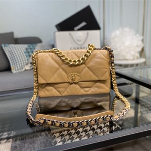 Cha.nel 19 Large Handbag Lambskin Gold Double C Metal Brown AS1161