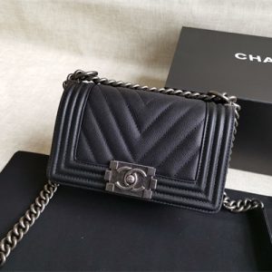 Cha.nel Small Leboy Bag Chevron Pattern Grained Calfskin Aged Silver Metal Black A67085