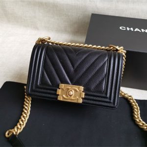 Cha.nel Small Leboy Bag Chevron Pattern Grained Calfskin Aged Gold Metal Black A67085