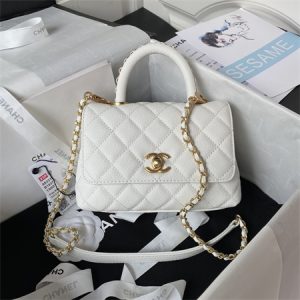 Cha.nel Mini Coco Handle Bag Grained Calfskin Aged Gold Metal White AS2215