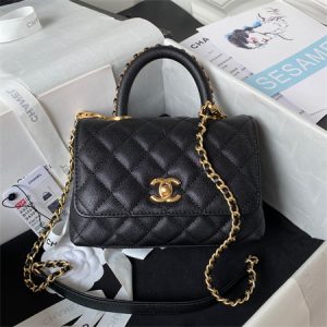 Cha.nel Mini Coco Handle Bag Grained Calfskin Aged Gold Metal Black AS2215