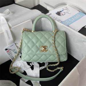 Cha.nel Mini Coco Handle Bag Grained Calfskin Aged Gold Metal Green AS2215
