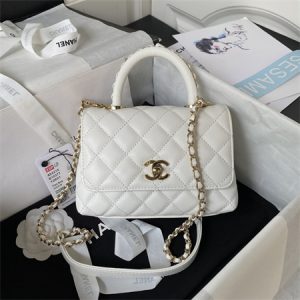 Cha.nel Mini Coco Handle Bag Grained Calfskin Lt Gold Metal White AS2215