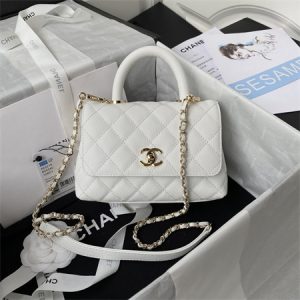 Cha.nel Mini Coco Handle Bag Grained Calfskin Lt Gold Metal White AS2215