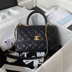 Cha.nel Small Coco Handle Bag Grained Calfskin Aged Gold Metal Black A92990