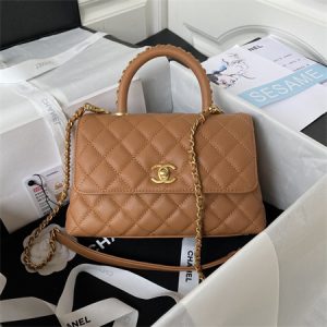 Cha.nel Small Coco Handle Bag Grained Calfskin Aged Gold Metal Brown A92990