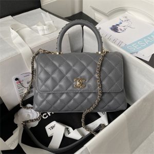 Cha.nel Small Coco Handle Bag Grained Calfskin Lt Gold Metal Grey A92990