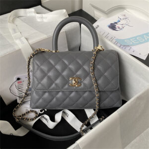 Cha.nel Small Coco Handle Bag Grained Calfskin Lt Gold Metal Grey A92990
