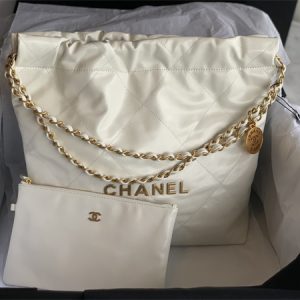 Cha.nel 22 Small Handbag Shiny Calfskin Gold Tone Metal White AS3260