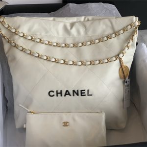 Cha.nel 22 Small Handbag Shiny Calfskin Gold Tone Metal White AS3260
