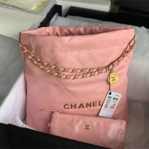 Cha.nel 22 Small Handbag Shiny Calfskin Gold Tone Metal Pink AS3260