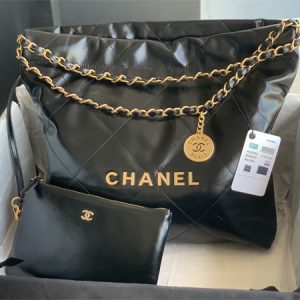 Cha.nel 22 Small Handbag Shiny Calfskin Gold Tone Metal Black AS3260