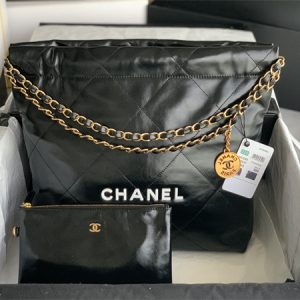 Cha.nel 22 Small Handbag Shiny Calfskin Gold Tone Metal Black AS3260