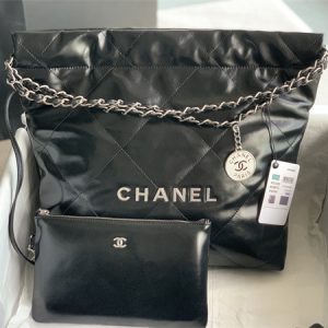 Cha.nel 22 Small Handbag Shiny Calfskin Silver Tone Metal Black AS3260