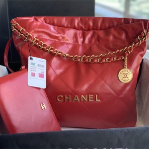 Cha.nel 22 Small Handbag Shiny Calfskin Gold Tone Metal Red AS3260