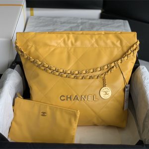 Cha.nel 22 Small Handbag Shiny Calfskin Gold Tone Metal Yellow AS3260