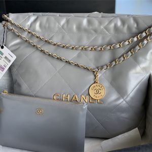 Cha.nel 22 Small Handbag Shiny Calfskin Gold Tone Metal Grey AS3260
