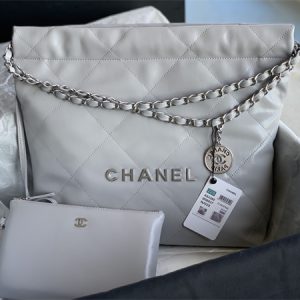 Cha.nel 22 Small Handbag Shiny Calfskin Silver Tone Metal Grey AS3260