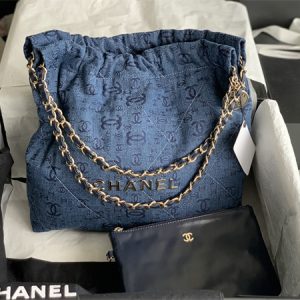 Cha.nel 22 Small Handbag Denim Gold Tone Metal AS3260