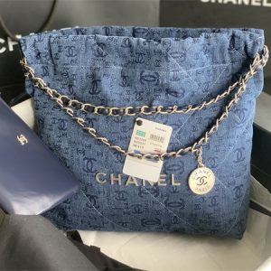 Cha.nel 22 Small Handbag Denim Silver Tone Metal AS3260