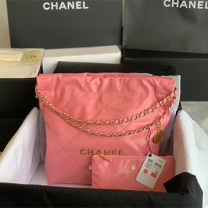 Cha.nel 22 Small Handbag Shiny Calfskin Gold Tone Metal Dk Pink AS3260