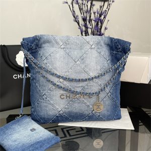Cha.nel 22 Small Handbag Washed Denim Silver Tone Metal AS3260
