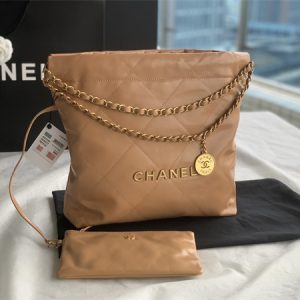 Cha.nel 22 Small Handbag Shiny Calfskin Gold Tone Metal Brown AS3260