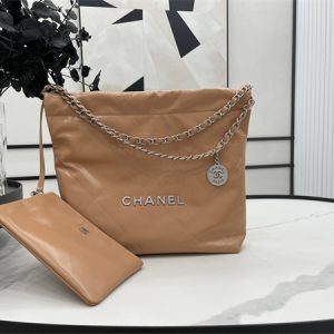Cha.nel 22 Small Handbag Shiny Calfskin Silver Tone Metal Brown AS3260