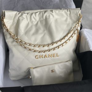 Cha.nel 22 Medium Handbag Shiny Calfskin Gold Tone Metal White AS3261