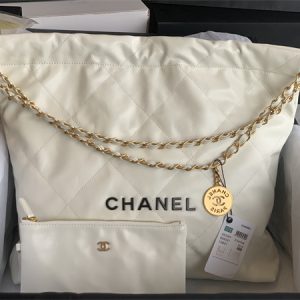 Cha.nel 22 Medium Handbag Shiny Calfskin Gold Tone Metal White AS3261