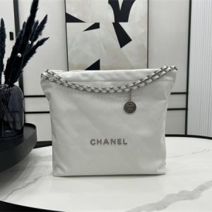 Cha.nel 22 Medium Handbag Shiny Calfskin Silver Tone Metal White AS3261