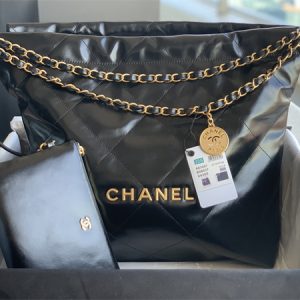 Cha.nel 22 Medium Handbag Shiny Calfskin Gold Tone Metal Black AS3261