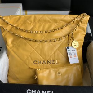 Cha.nel 22 Medium Handbag Shiny Calfskin Gold Tone Metal Yellow AS3261