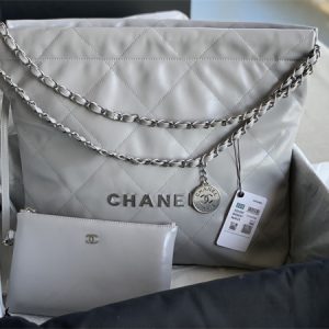 Cha.nel 22 Medium Handbag Shiny Calfskin Silver Tone Metal Grey AS3261