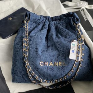 Cha.nel 22 Medium Handbag Denim Gold Tone Metal AS3261
