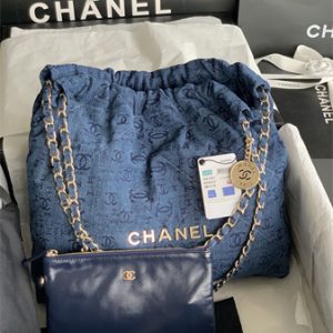 Cha.nel 22 Medium Handbag Denim Gold Tone Metal AS3261