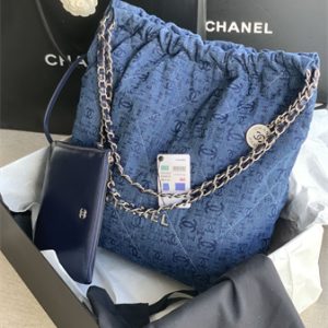 Cha.nel 22 Medium Handbag Denim Silver Tone Metal AS3261