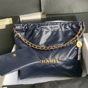 Cha.nel 22 Medium Handbag Shiny Calfskin Gold Tone Metal Navy AS3261