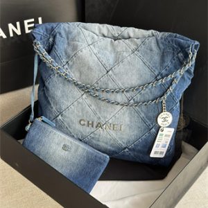 Cha.nel 22 Medium Handbag Washed Denim Silver Tone Metal AS3261